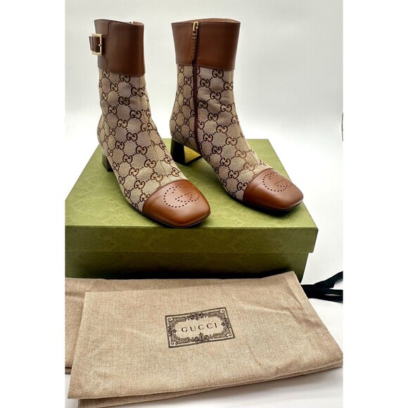 Gucci Ellis GG Logo Leather Trimmed Ankle Boots Camel Ebony Canvas EU 39.5 US9.5 - Picture 1 of 14